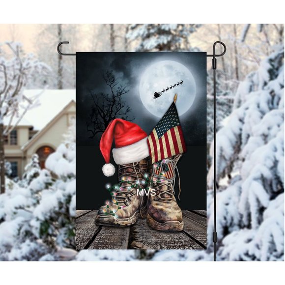 Christmas Military Boots Garden Flag - Honoring Heroes with Santa's Blessings - Picture 1 of 7